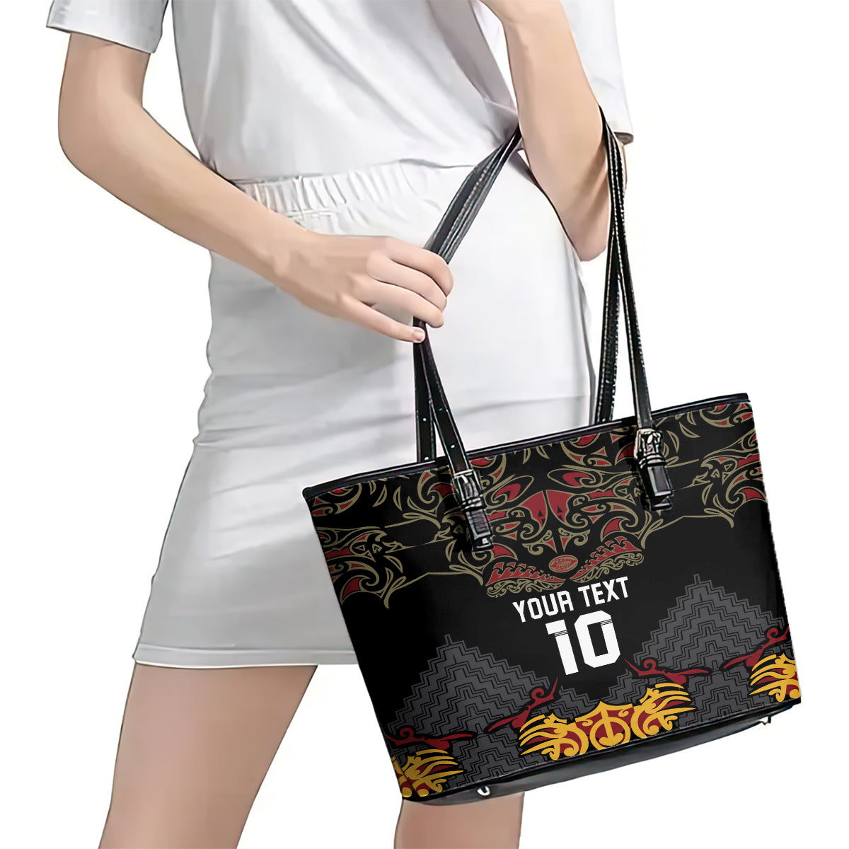 Custom New Zealand Rugby Leather Tote Bag Black Fern Maori Tribal Pattern