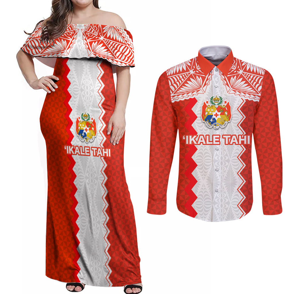 Custom Tonga Rugby Couples Matching Off Shoulder Maxi Dress and Long Sleeve Button Shirt Ikale Tahi Ngatu Tribal Pattern LT03 Orange - Polynesian Pride