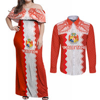 Custom Tonga Rugby Couples Matching Off Shoulder Maxi Dress and Long Sleeve Button Shirt Ikale Tahi Ngatu Tribal Pattern LT03 Orange - Polynesian Pride