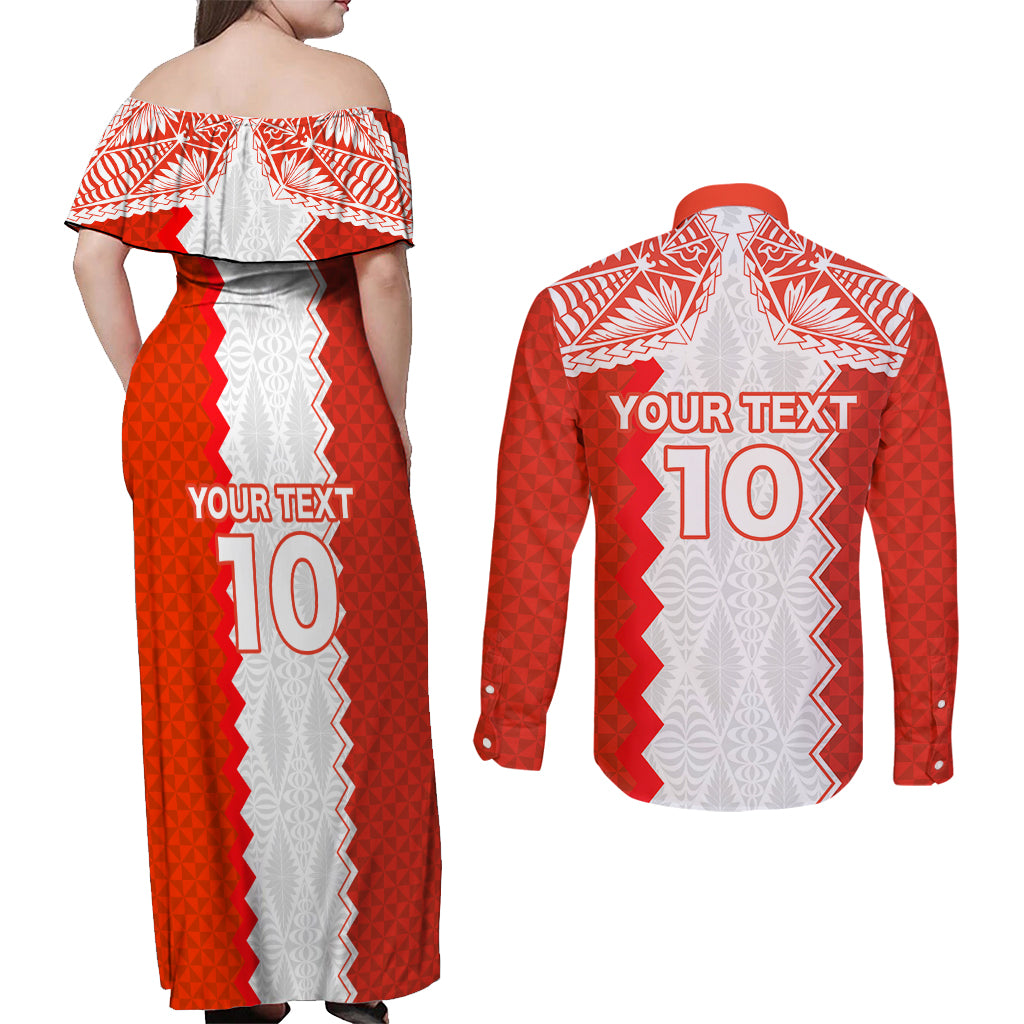 Custom Tonga Rugby Couples Matching Off Shoulder Maxi Dress and Long Sleeve Button Shirt Ikale Tahi Ngatu Tribal Pattern LT03 - Polynesian Pride