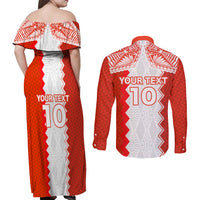 Custom Tonga Rugby Couples Matching Off Shoulder Maxi Dress and Long Sleeve Button Shirt Ikale Tahi Ngatu Tribal Pattern LT03 - Polynesian Pride