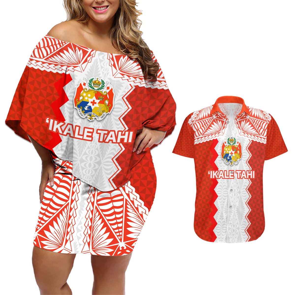 Custom Tonga Rugby Couples Matching Off Shoulder Short Dress and Hawaiian Shirt Ikale Tahi Ngatu Tribal Pattern LT03
