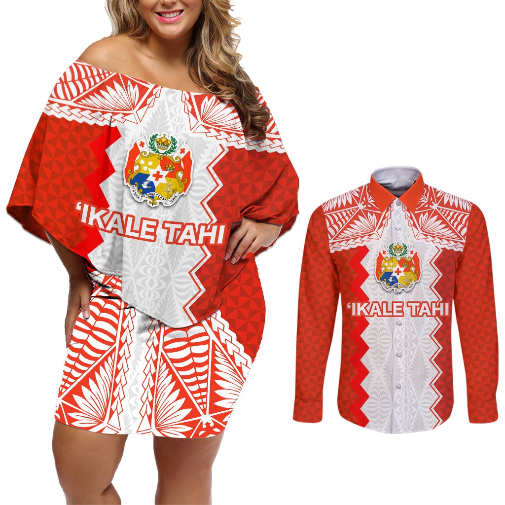 Custom Tonga Rugby Couples Matching Off Shoulder Short Dress and Long Sleeve Button Shirt Ikale Tahi Ngatu Tribal Pattern LT03 Orange - Polynesian Pride
