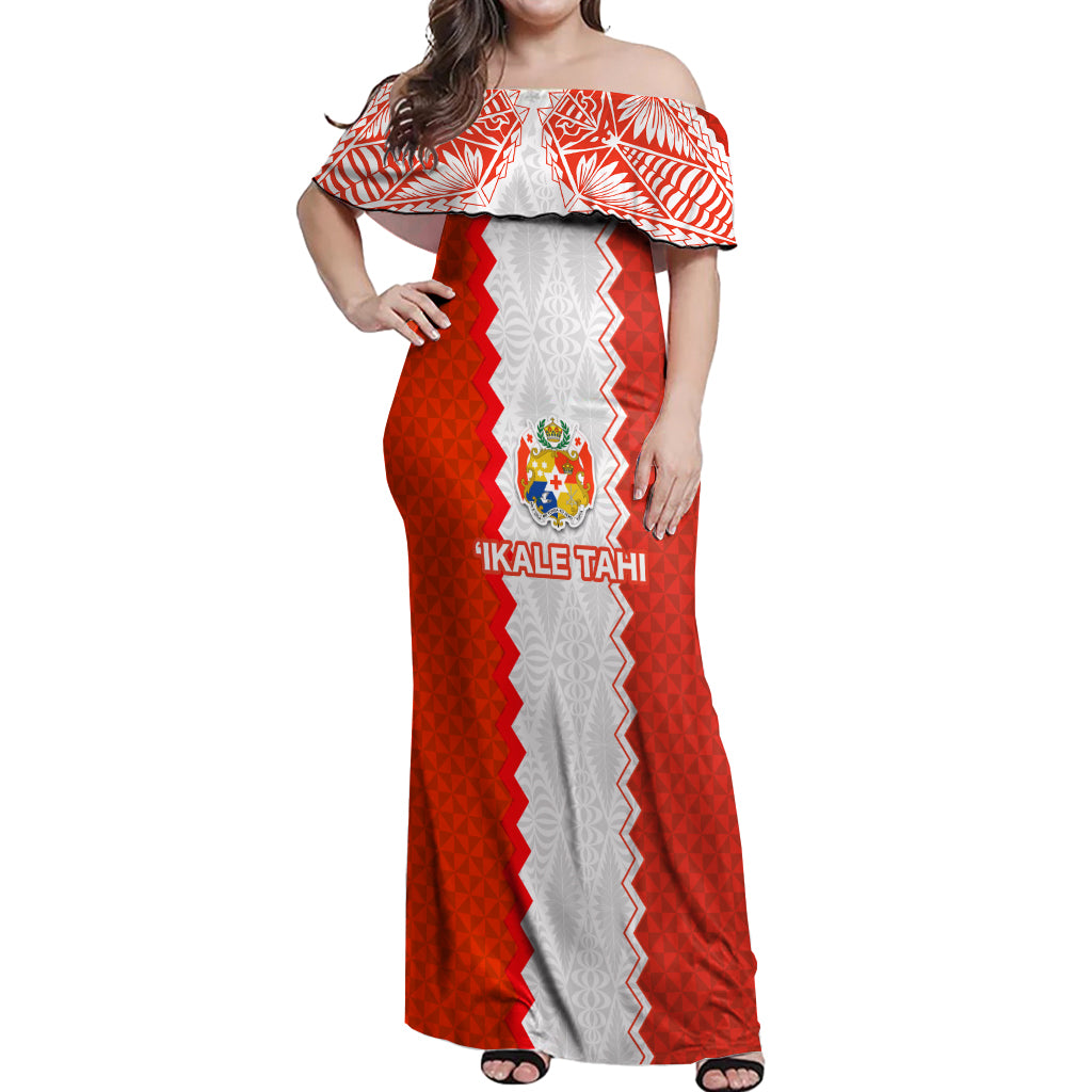 Custom Tonga Rugby Off Shoulder Maxi Dress Ikale Tahi Ngatu Tribal Pattern LT03 Women Orange - Polynesian Pride
