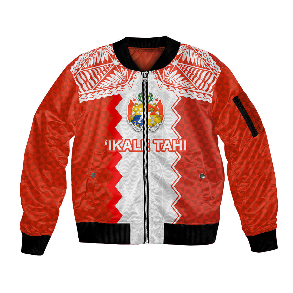 Custom Tonga Rugby Sleeve Zip Bomber Jacket Ikale Tahi Ngatu Tribal Pattern LT03 Unisex Orange - Polynesian Pride