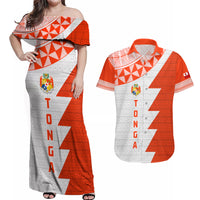 Custom Tonga Rugby Couples Matching Off Shoulder Maxi Dress and Hawaiian Shirt Ikale Tahi Ngatu Tribal Pattern Half Style LT03 Orange - Polynesian Pride