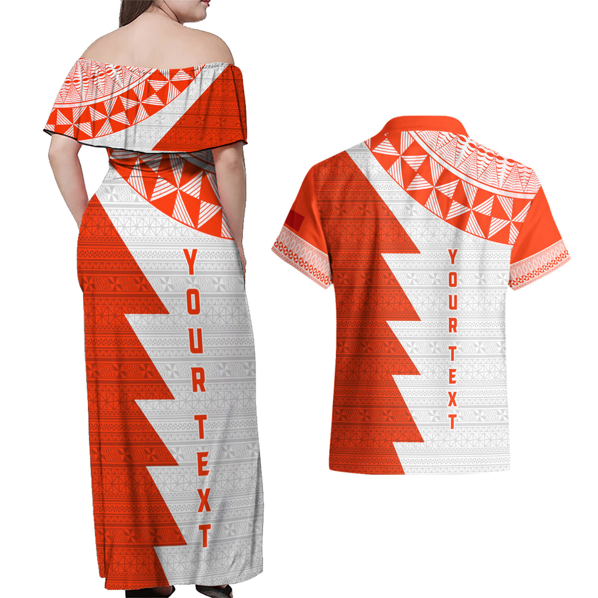 Custom Tonga Rugby Couples Matching Off Shoulder Maxi Dress and Hawaiian Shirt Ikale Tahi Ngatu Tribal Pattern Half Style LT03 - Polynesian Pride