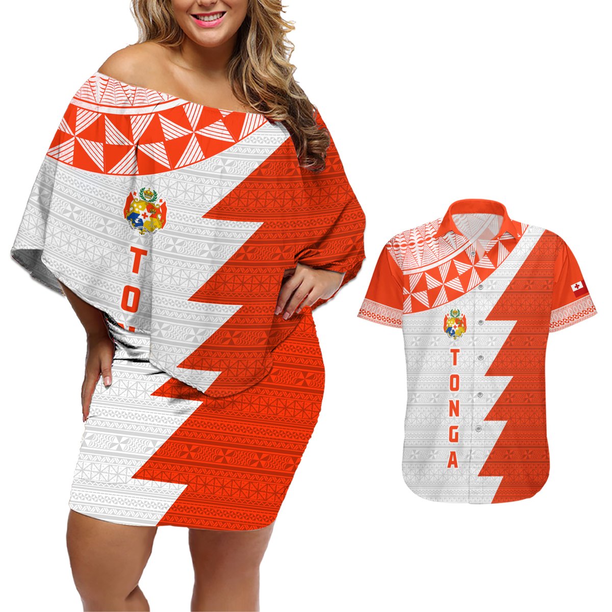 Custom Tonga Rugby Couples Matching Off Shoulder Short Dress and Hawaiian Shirt Ikale Tahi Ngatu Tribal Pattern Half Style LT03 Orange - Polynesian Pride