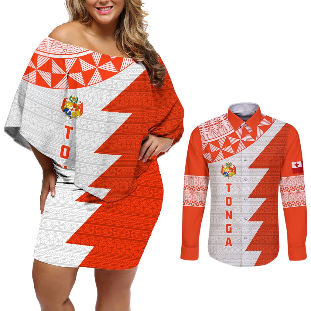 Custom Tonga Rugby Couples Matching Off Shoulder Short Dress and Long Sleeve Button Shirt Ikale Tahi Ngatu Tribal Pattern Half Style LT03 Orange - Polynesian Pride