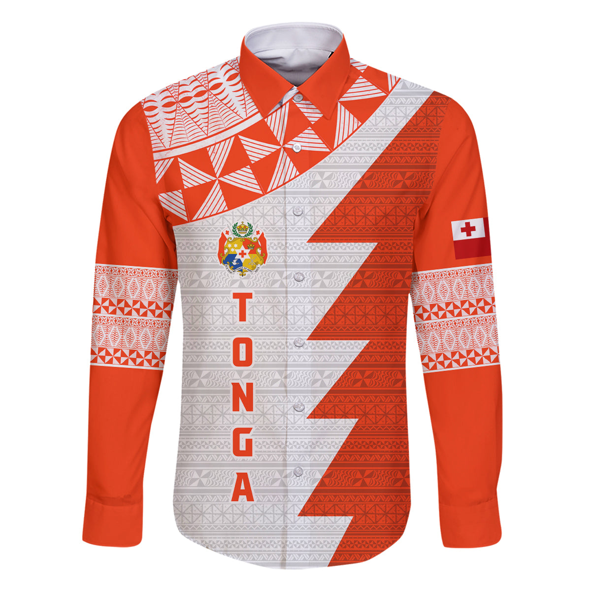 Custom Tonga Rugby Family Matching Off Shoulder Maxi Dress and Hawaiian Shirt Ikale Tahi Ngatu Tribal Pattern Half Style LT03 Dad's Shirt - Long Sleeve Orange - Polynesian Pride