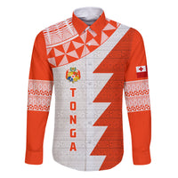 Custom Tonga Rugby Family Matching Off Shoulder Maxi Dress and Hawaiian Shirt Ikale Tahi Ngatu Tribal Pattern Half Style LT03 Dad's Shirt - Long Sleeve Orange - Polynesian Pride