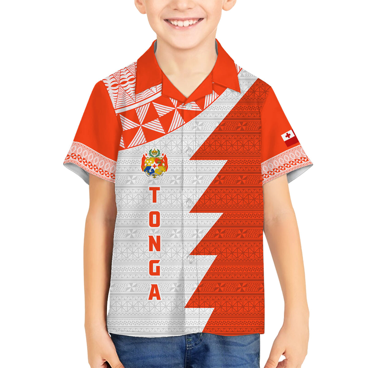 Custom Tonga Rugby Family Matching Off Shoulder Maxi Dress and Hawaiian Shirt Ikale Tahi Ngatu Tribal Pattern Half Style LT03 Son's Shirt Orange - Polynesian Pride