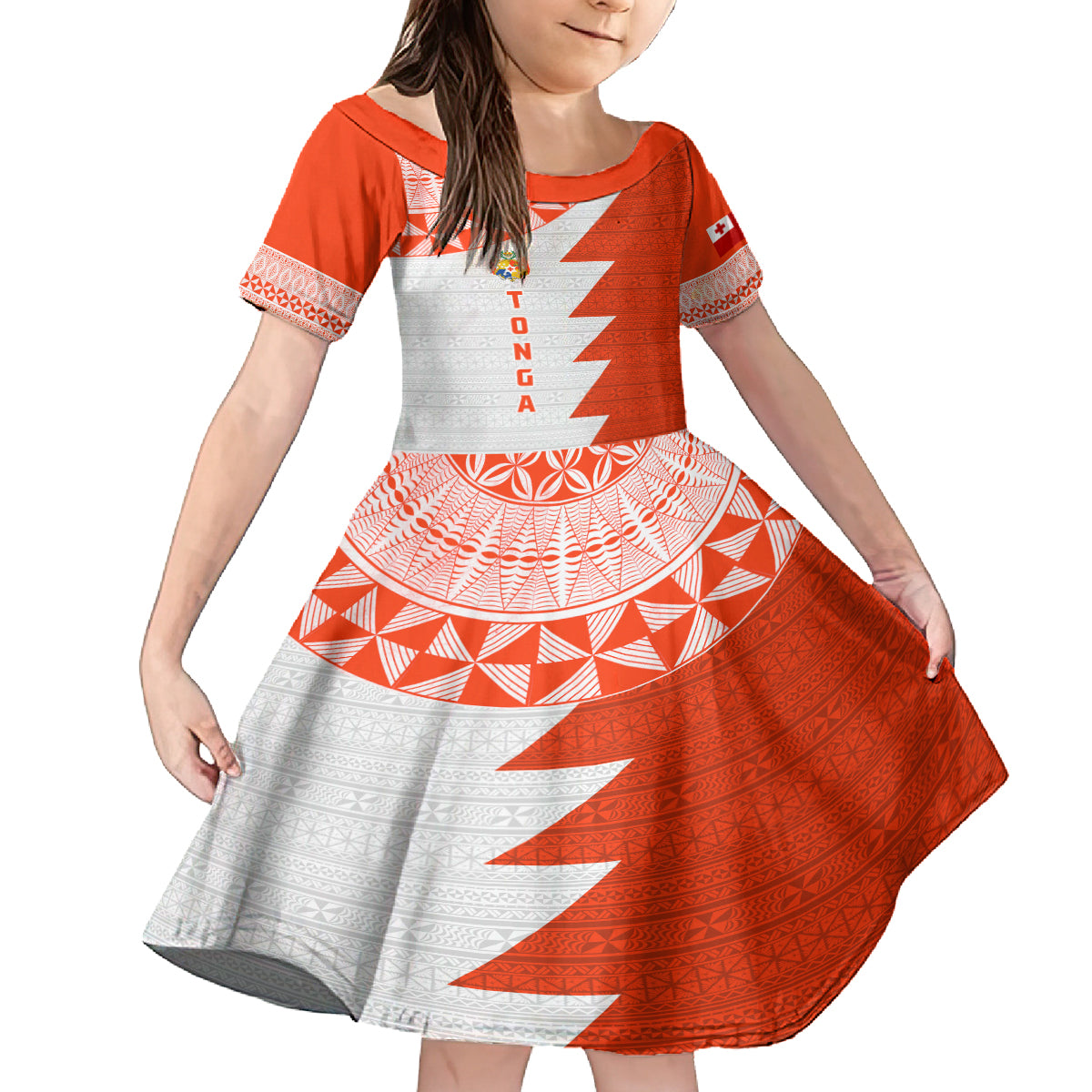 Custom Tonga Rugby Family Matching Tank Maxi Dress and Hawaiian Shirt Ikale Tahi Ngatu Tribal Pattern Half Style LT03 Daughter's Dress Orange - Polynesian Pride