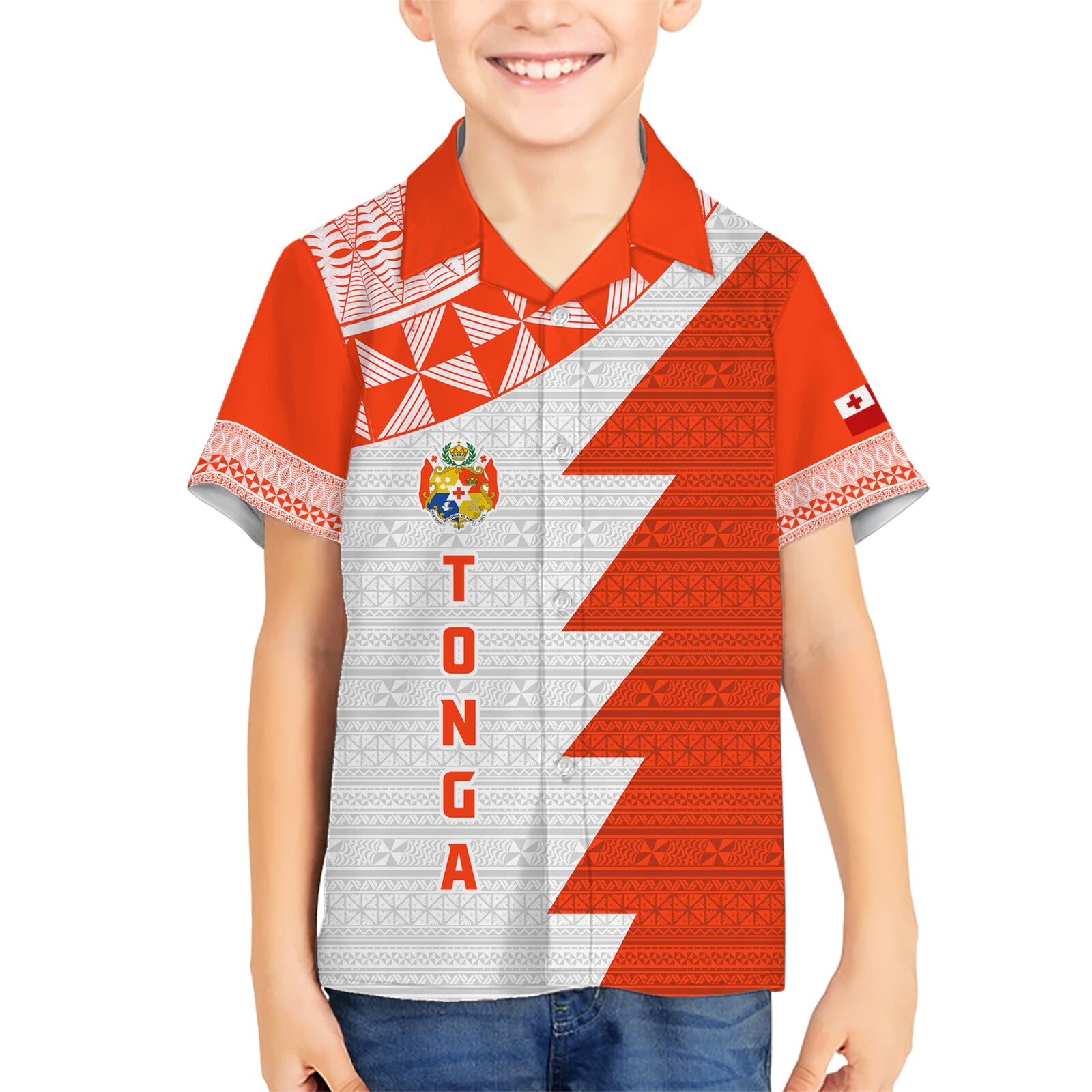 Custom Tonga Rugby Kid Hawaiian Shirt Ikale Tahi Ngatu Tribal Pattern Half Style LT03 Kid Orange - Polynesian Pride