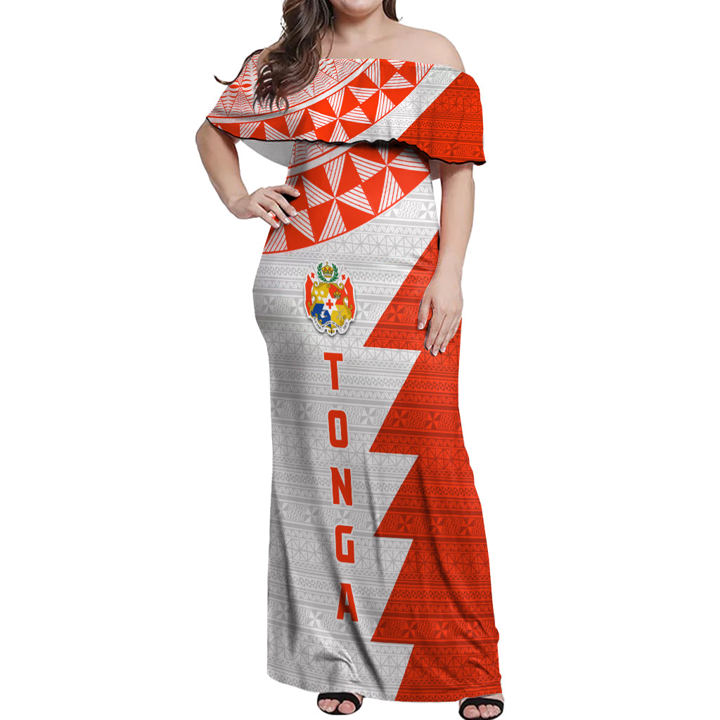 Custom Tonga Rugby Off Shoulder Maxi Dress Ikale Tahi Ngatu Tribal Pattern Half Style LT03 Women Orange - Polynesian Pride
