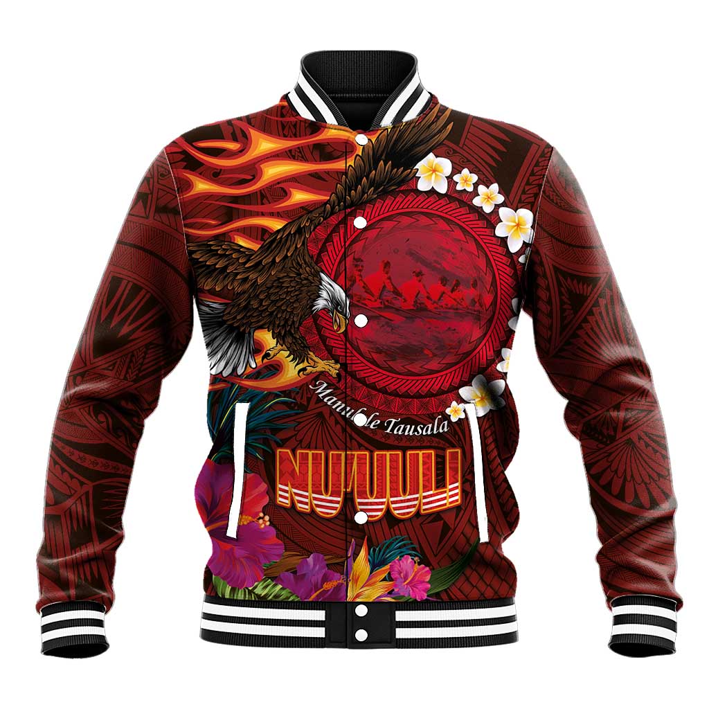 American Samoa Manulele Tausala Nu'uuli Baseball Jacket Tatau Art Pattern with Tropical Plants LT03 Unisex Red - Polynesian Pride