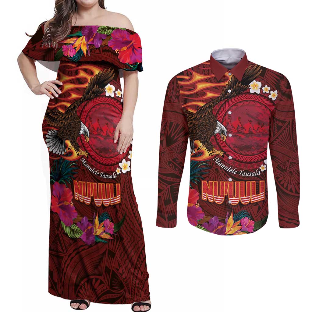 American Samoa Manulele Tausala Nu'uuli Couples Matching Off Shoulder Maxi Dress and Long Sleeve Button Shirt Tatau Art Pattern with Tropical Plants LT03 Red - Polynesian Pride