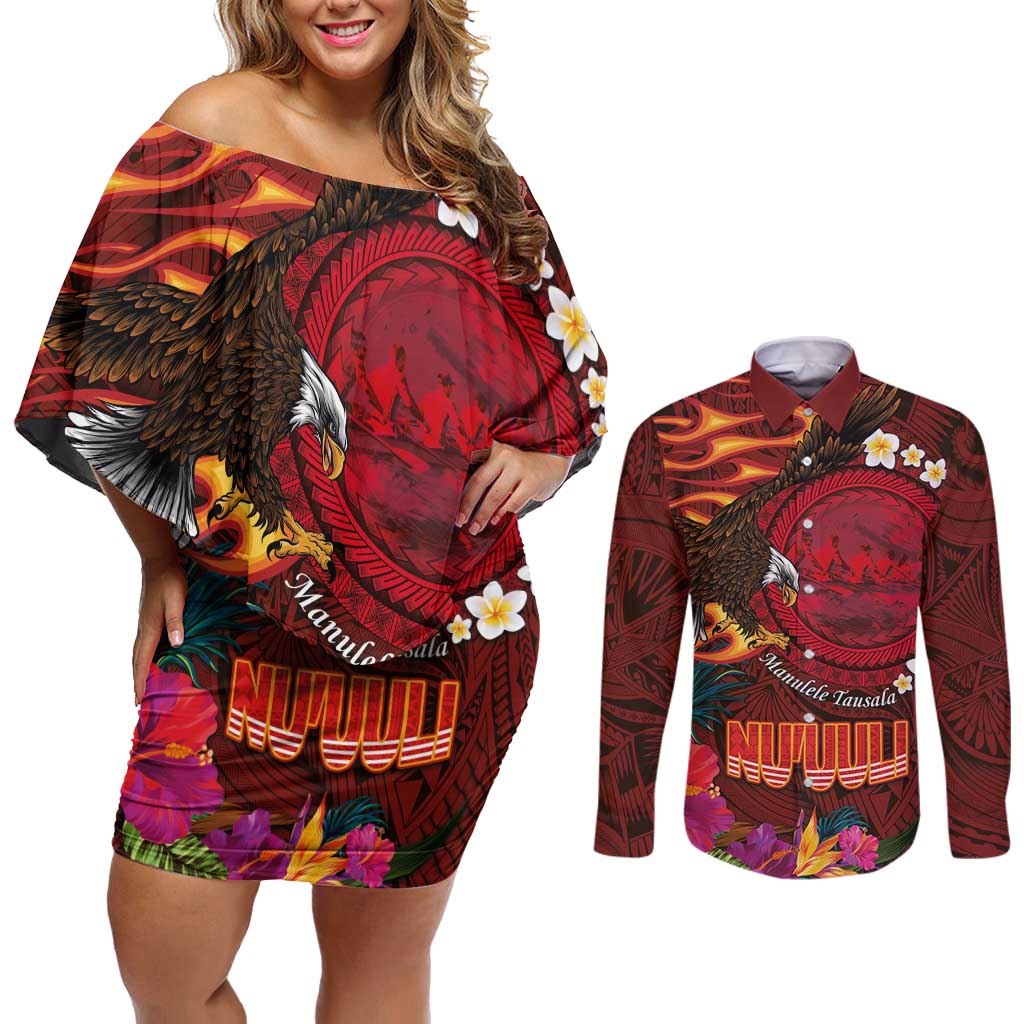 American Samoa Manulele Tausala Nu'uuli Couples Matching Off Shoulder Short Dress and Long Sleeve Button Shirt Tatau Art Pattern with Tropical Plants LT03 Red - Polynesian Pride