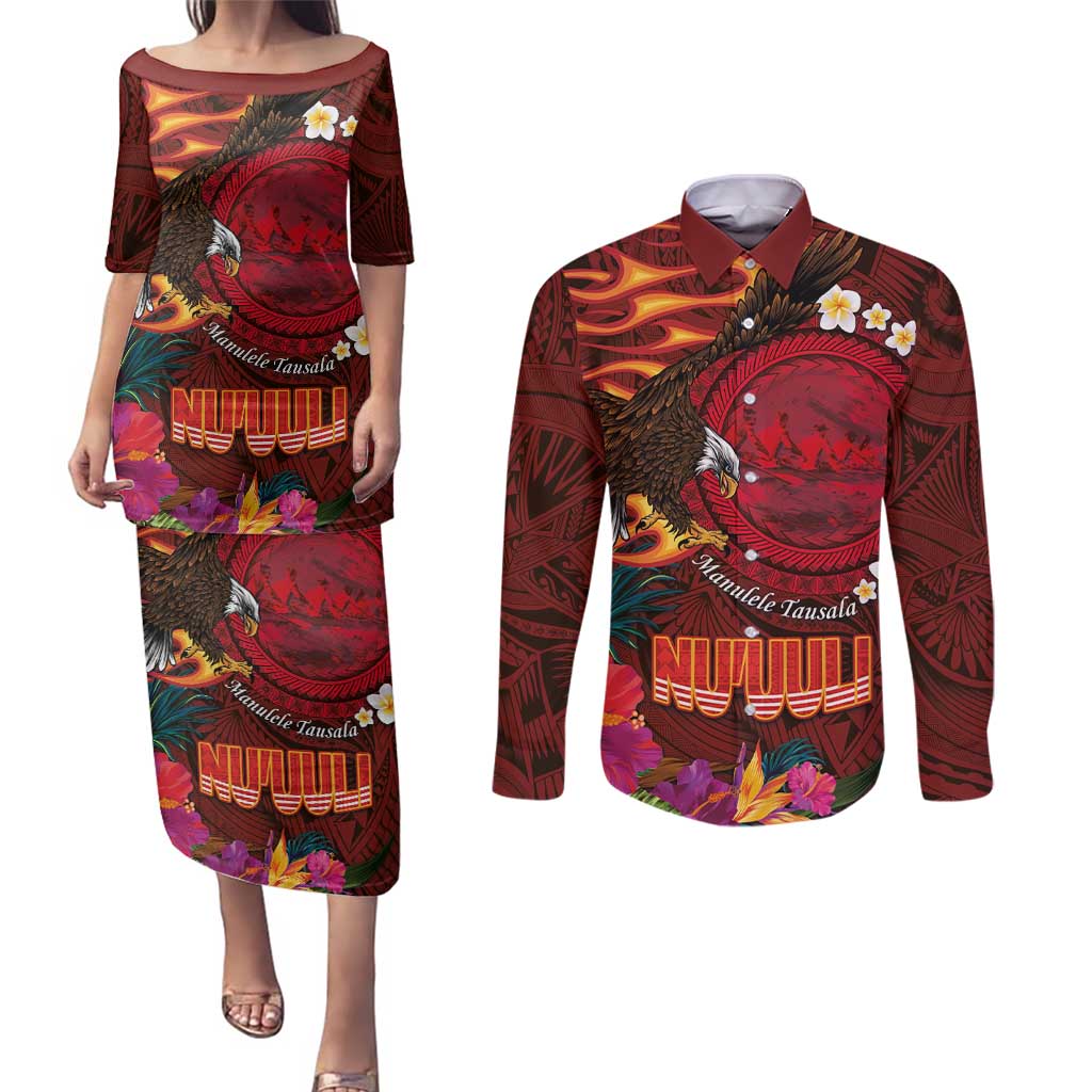 American Samoa Manulele Tausala Nu'uuli Couples Matching Puletasi and Long Sleeve Button Shirt Tatau Art Pattern with Tropical Plants LT03 Red - Polynesian Pride