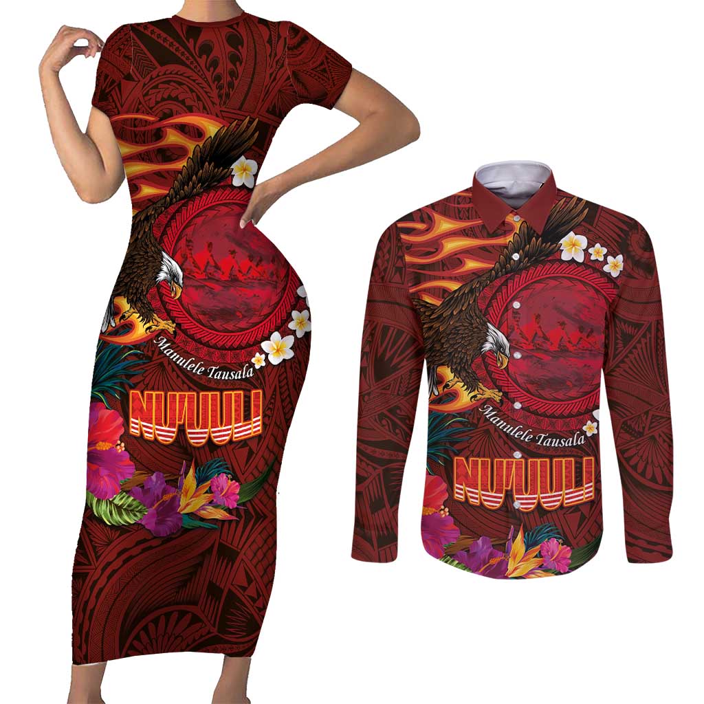 American Samoa Manulele Tausala Nu'uuli Couples Matching Short Sleeve Bodycon Dress and Long Sleeve Button Shirt Tatau Art Pattern with Tropical Plants