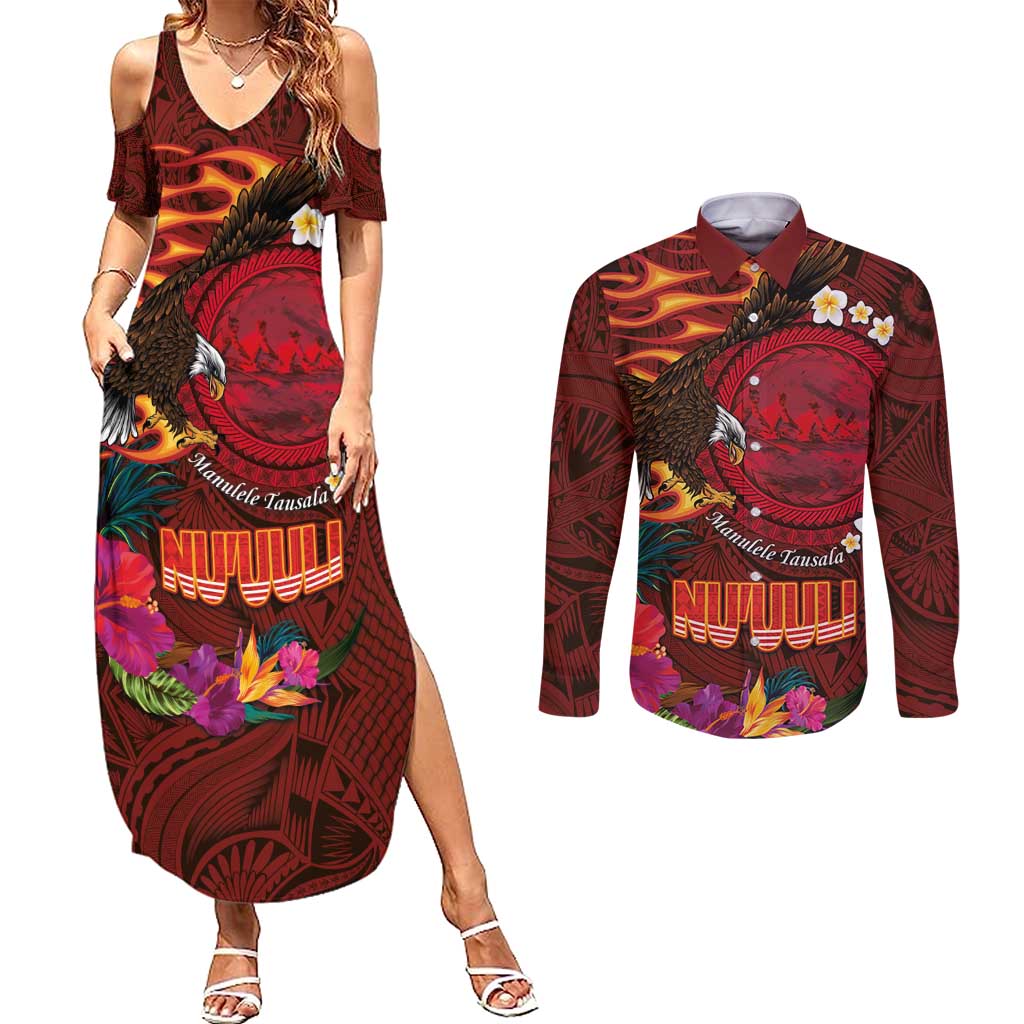 American Samoa Manulele Tausala Nu'uuli Couples Matching Summer Maxi Dress and Long Sleeve Button Shirt Tatau Art Pattern with Tropical Plants LT03 Red - Polynesian Pride