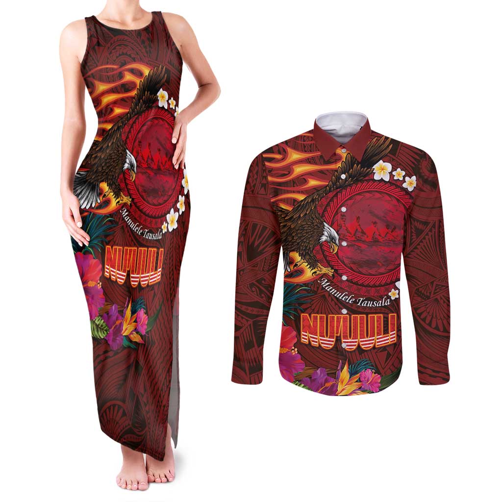 American Samoa Manulele Tausala Nu'uuli Couples Matching Tank Maxi Dress and Long Sleeve Button Shirt Tatau Art Pattern with Tropical Plants LT03 Red - Polynesian Pride