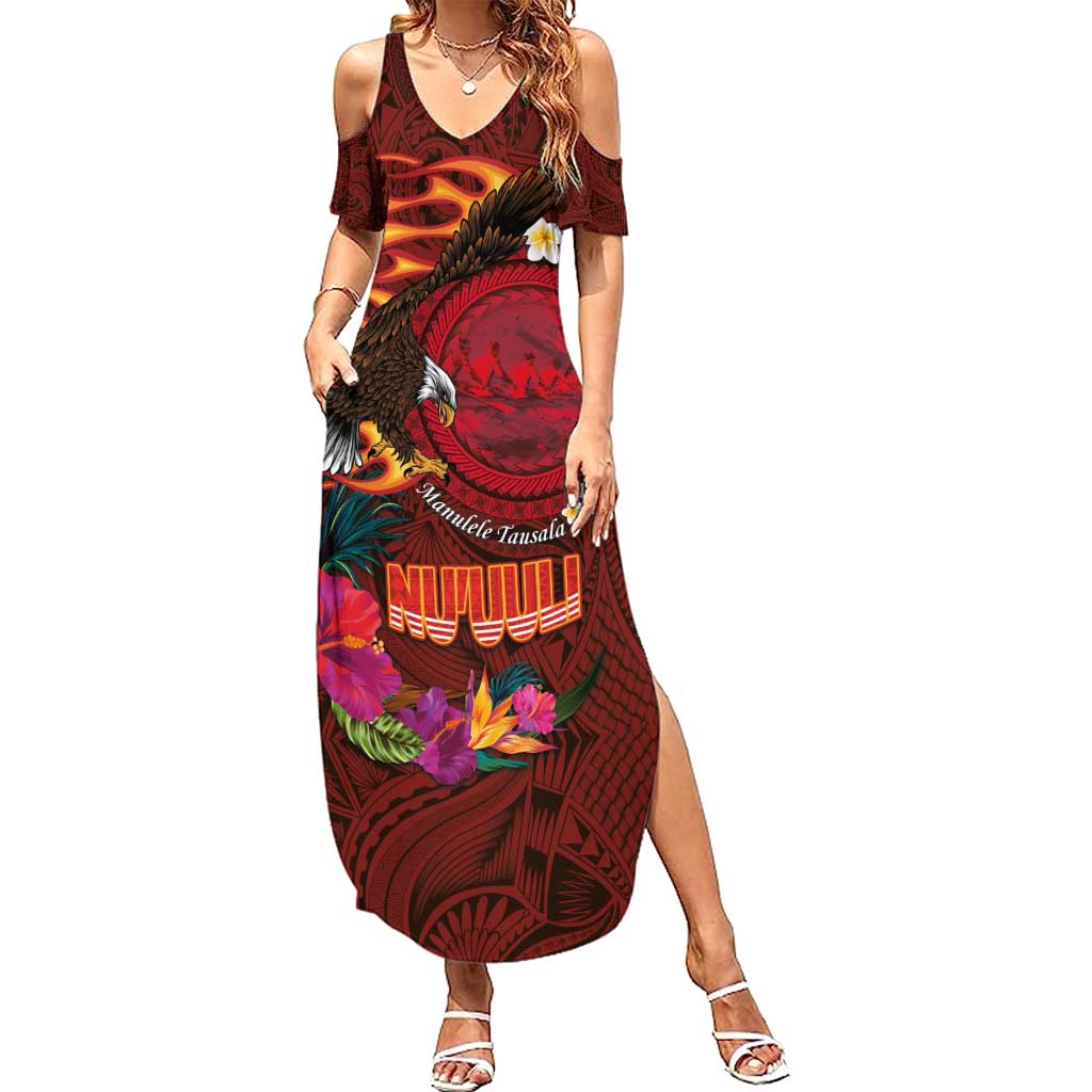 American Samoa Manulele Tausala Nu'uuli Family Matching Summer Maxi Dress and Hawaiian Shirt Tatau Art Pattern with Tropical Plants