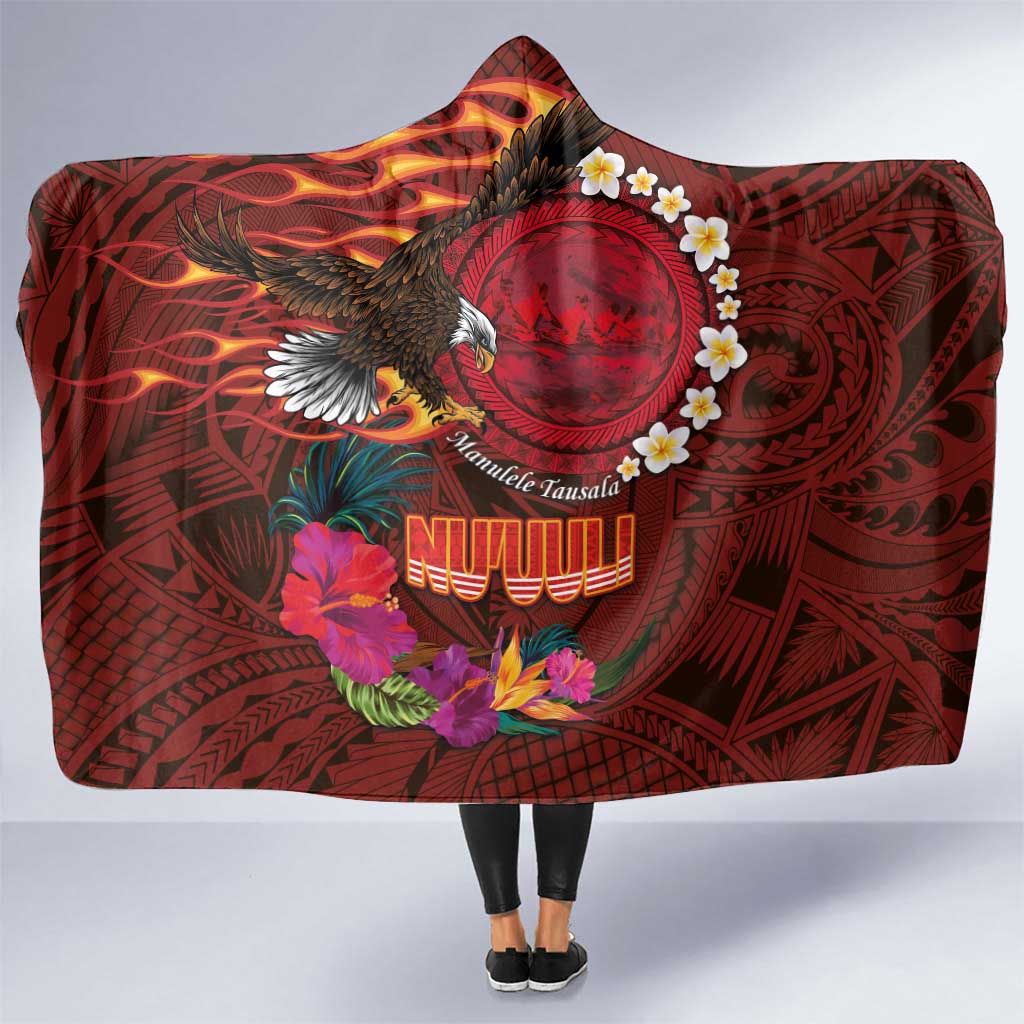 American Samoa Manulele Tausala Nu'uuli Hooded Blanket Tatau Art Pattern with Tropical Plants LT03 One Size Red - Polynesian Pride