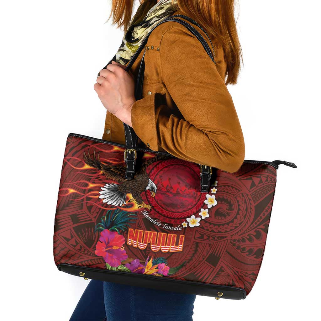 American Samoa Manulele Tausala Nu'uuli Leather Tote Bag Tatau Art Pattern with Tropical Plants LT03 Red - Polynesian Pride