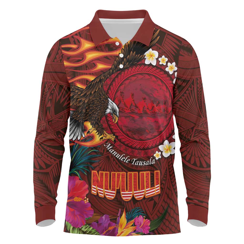 American Samoa Manulele Tausala Nu'uuli Long Sleeve Polo Shirt Tatau Art Pattern with Tropical Plants LT03 Red - Polynesian Pride