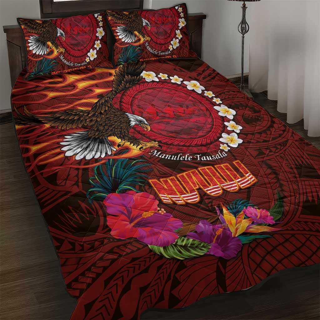 American Samoa Manulele Tausala Nu'uuli Quilt Bed Set Tatau Art Pattern with Tropical Plants LT03 Red - Polynesian Pride