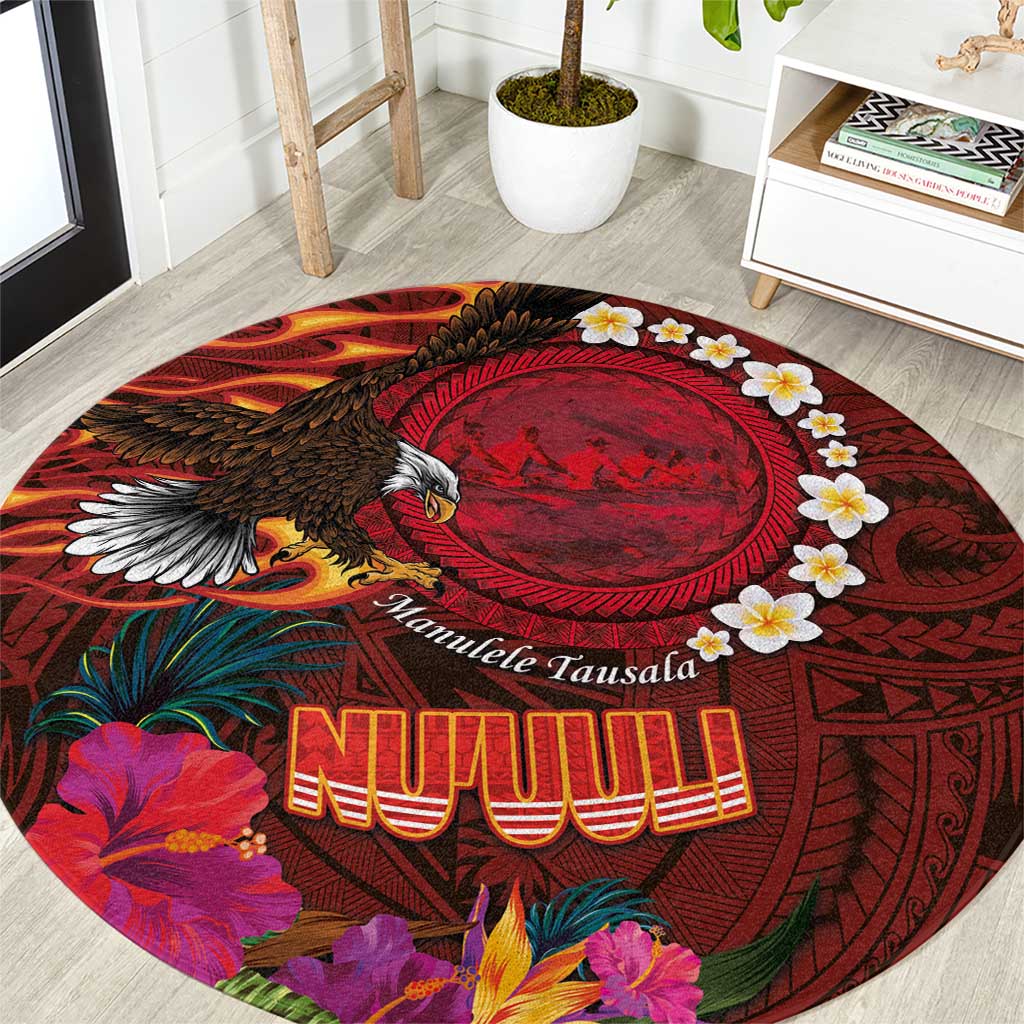 American Samoa Manulele Tausala Nu'uuli Round Carpet Tatau Art Pattern with Tropical Plants LT03 Red - Polynesian Pride