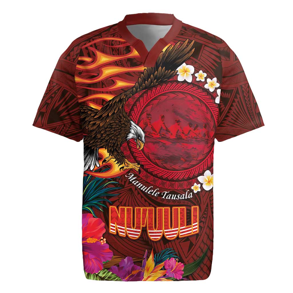 American Samoa Manulele Tausala Nu'uuli Rugby Jersey Tatau Art Pattern with Tropical Plants LT03 Red - Polynesian Pride