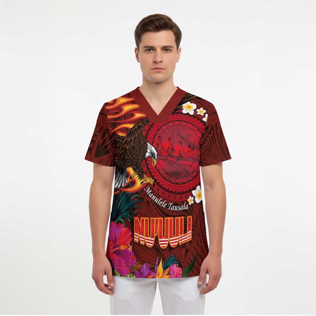 American Samoa Manulele Tausala Nu'uuli Scrub Top Tatau Art Pattern with Tropical Plants - Polynesian Pride