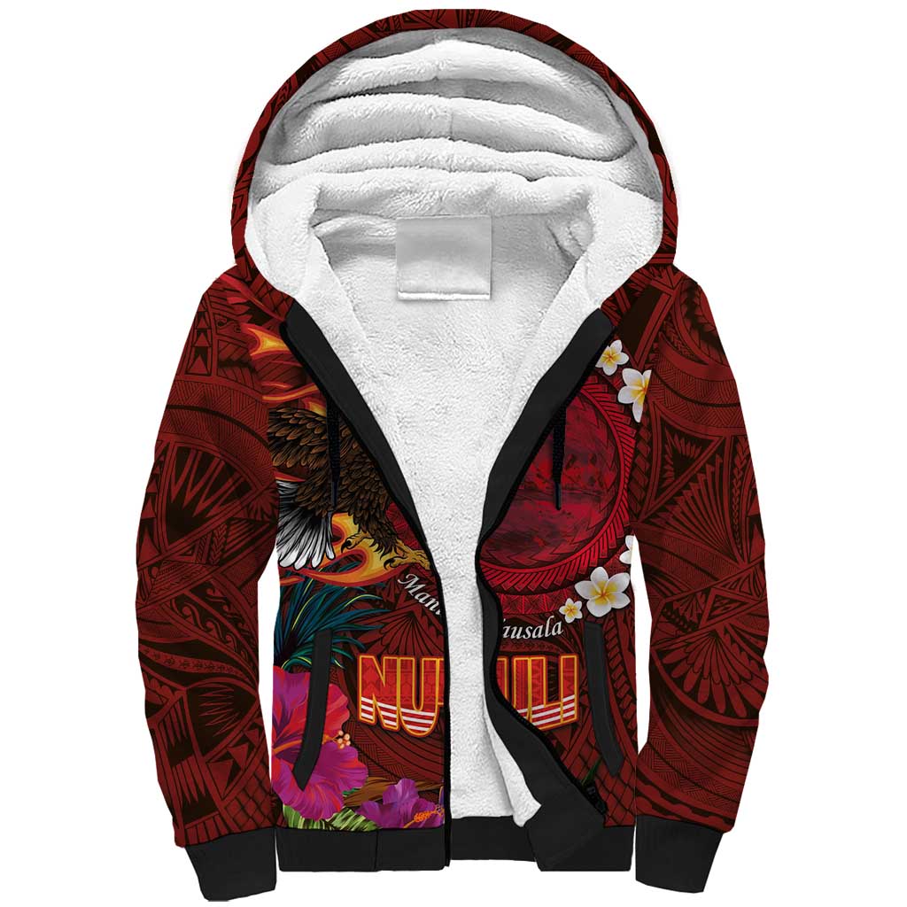 American Samoa Manulele Tausala Nu'uuli Sherpa Hoodie Tatau Art Pattern with Tropical Plants LT03 Unisex Red - Polynesian Pride