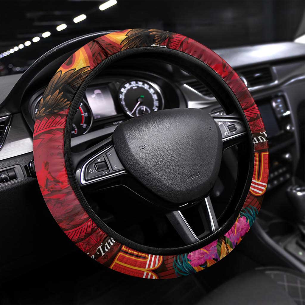 American Samoa Manulele Tausala Nu'uuli Steering Wheel Cover Tatau Art Pattern with Tropical Plants LT03 Universal Fit Red - Polynesian Pride