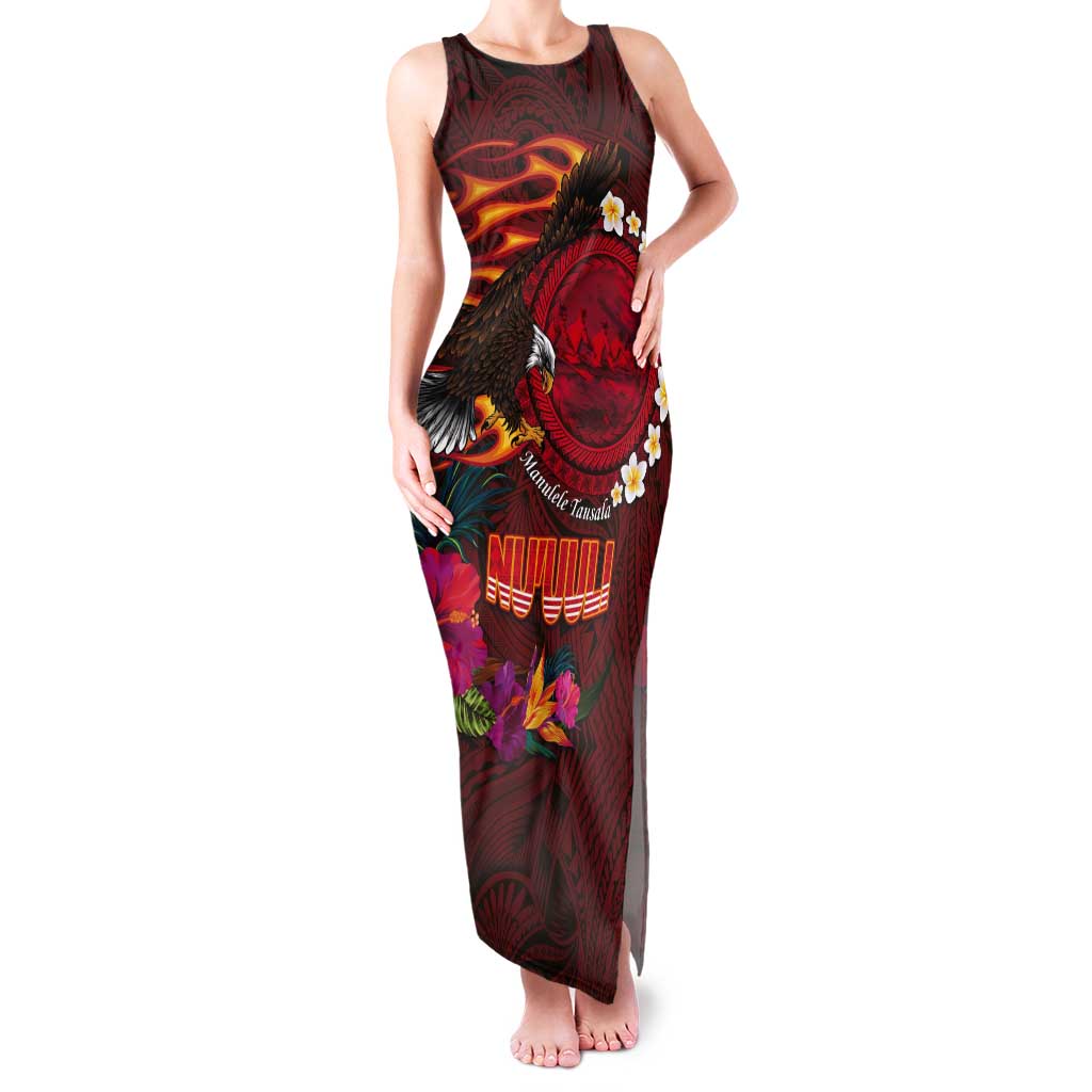 American Samoa Manulele Tausala Nu'uuli Tank Maxi Dress Tatau Art Pattern with Tropical Plants LT03 Women Red - Polynesian Pride