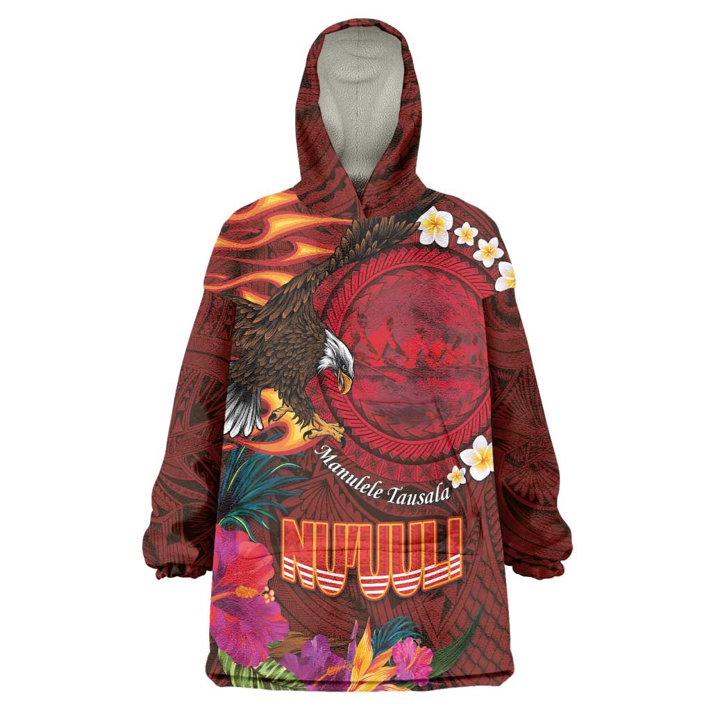 American Samoa Manulele Tausala Nu'uuli Wearable Blanket Hoodie Tatau Art Pattern with Tropical Plants LT03 One Size Red - Polynesian Pride