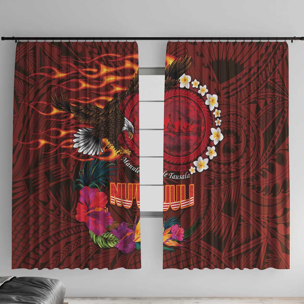 American Samoa Manulele Tausala Nu'uuli Window Curtain Tatau Art Pattern with Tropical Plants LT03 With Hooks Red - Polynesian Pride