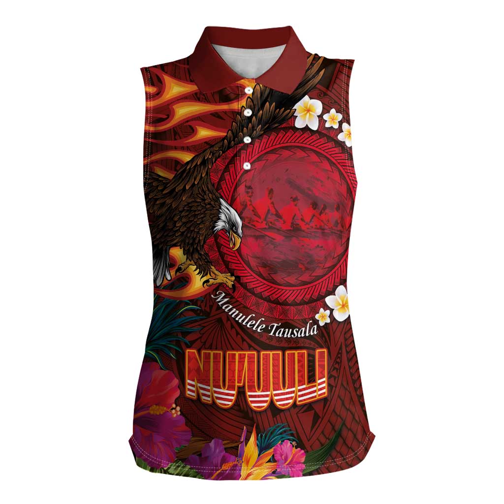 American Samoa Manulele Tausala Nu'uuli Women Sleeveless Polo Shirt Tatau Art Pattern with Tropical Plants LT03 Female Red - Polynesian Pride