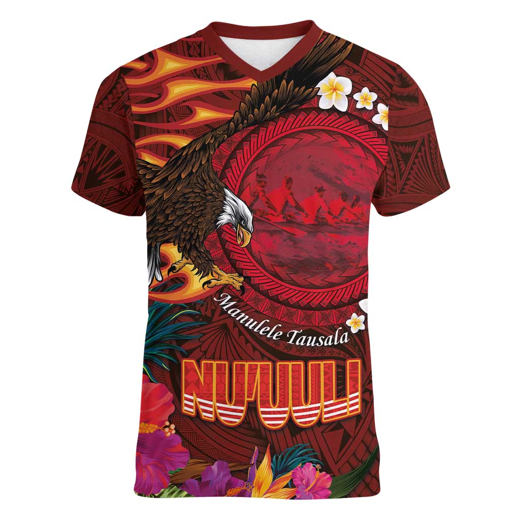 American Samoa Manulele Tausala Nu'uuli Women V-Neck T-Shirt Tatau Art Pattern with Tropical Plants LT03 Female Red - Polynesian Pride
