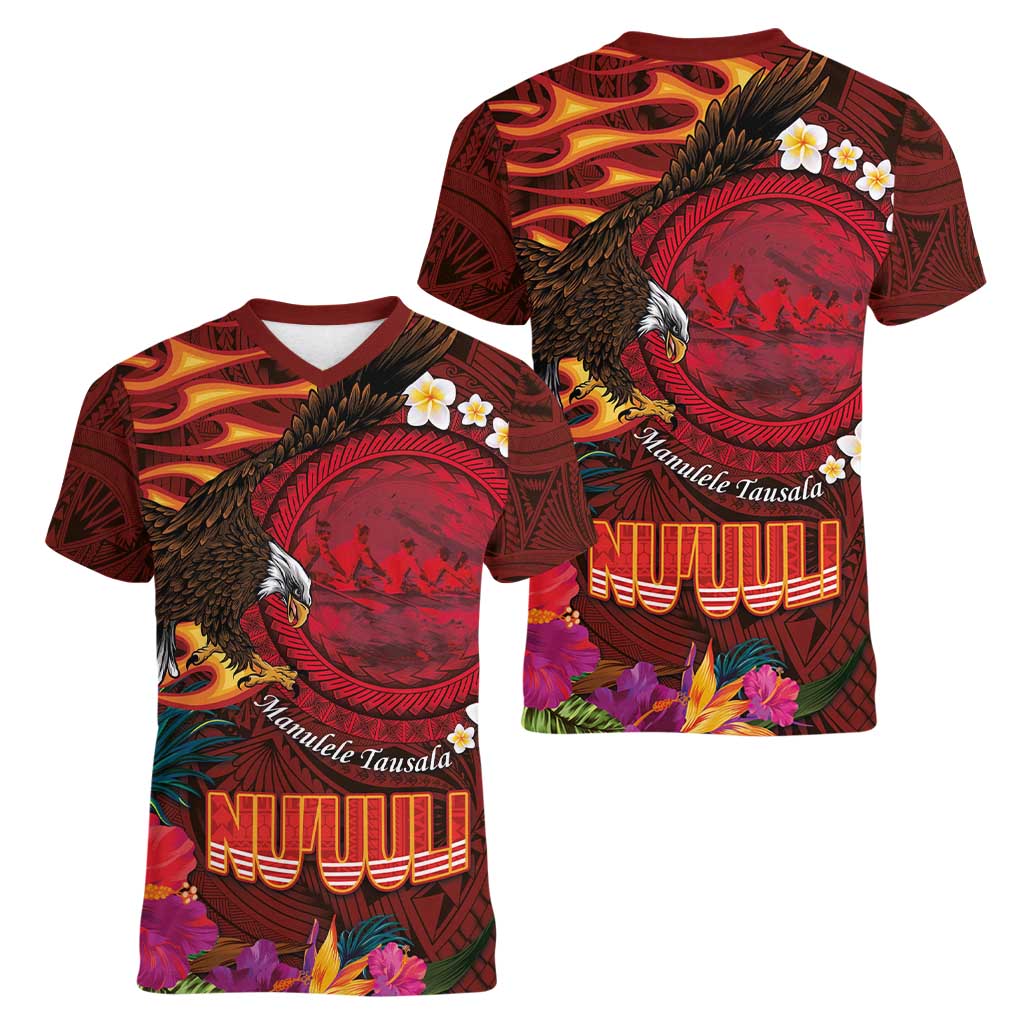 American Samoa Manulele Tausala Nu'uuli Women V-Neck T-Shirt Tatau Art Pattern with Tropical Plants LT03 - Polynesian Pride