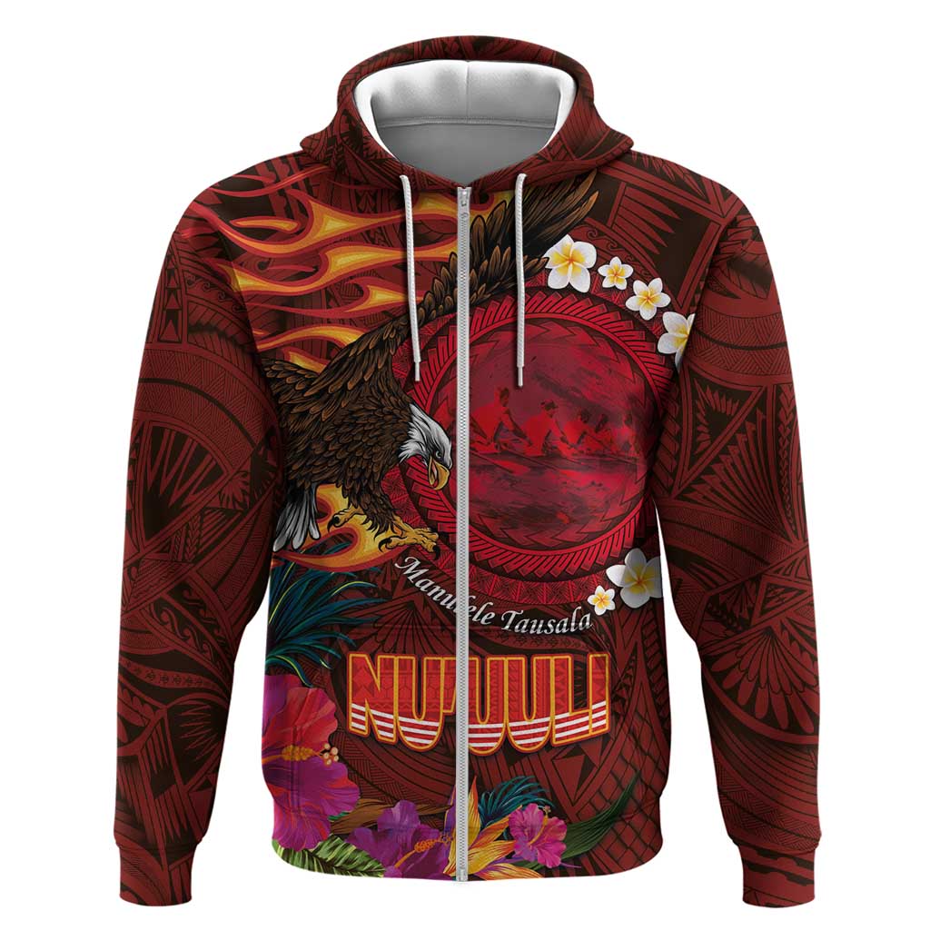American Samoa Manulele Tausala Nu'uuli Zip Hoodie Tatau Art Pattern with Tropical Plants LT03 Zip Hoodie Red - Polynesian Pride