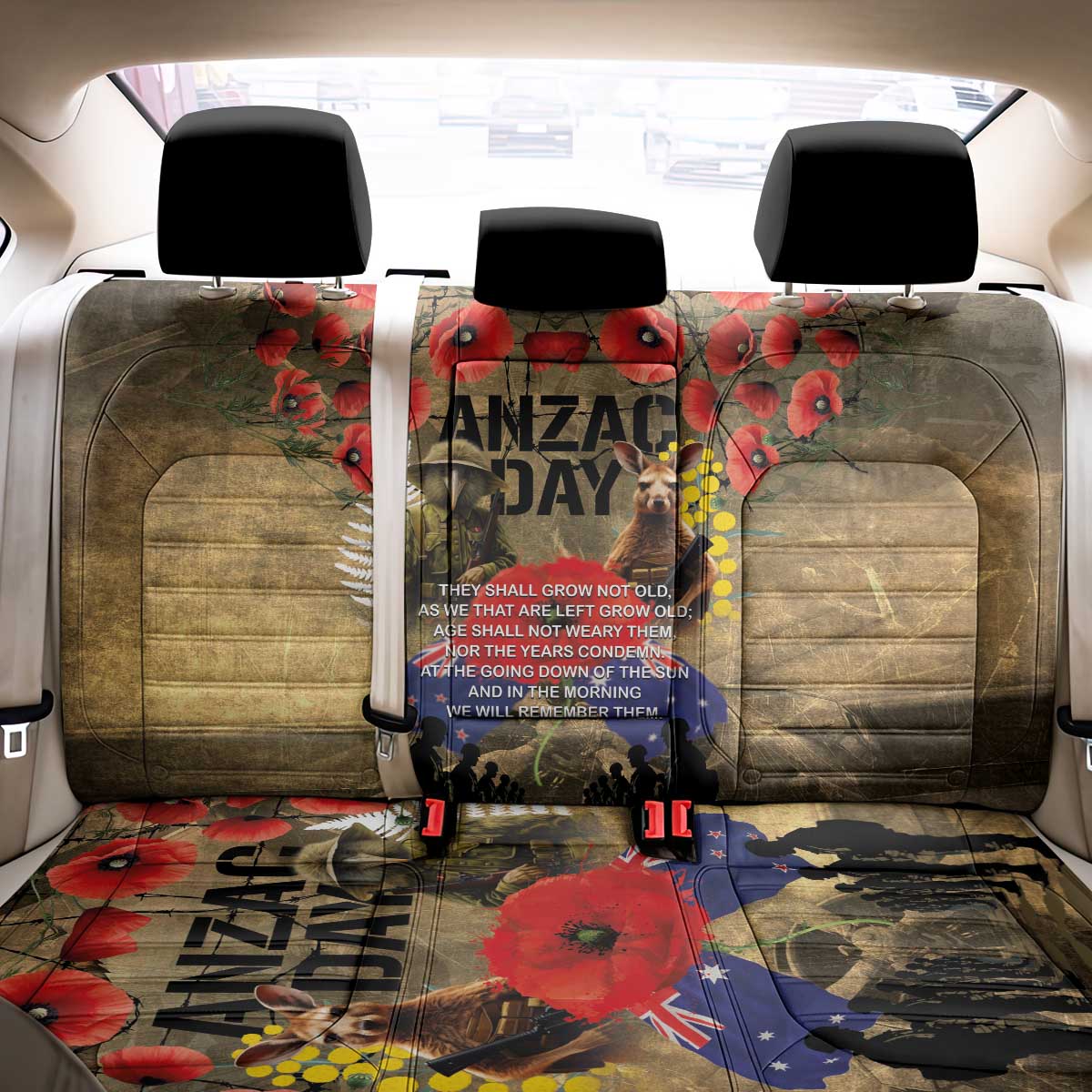 Australia and New Zealand ANZAC Day Back Car Seat Cover Kangaroo and Kiwi Bird Soldier-Honor and Remember Vintage Style