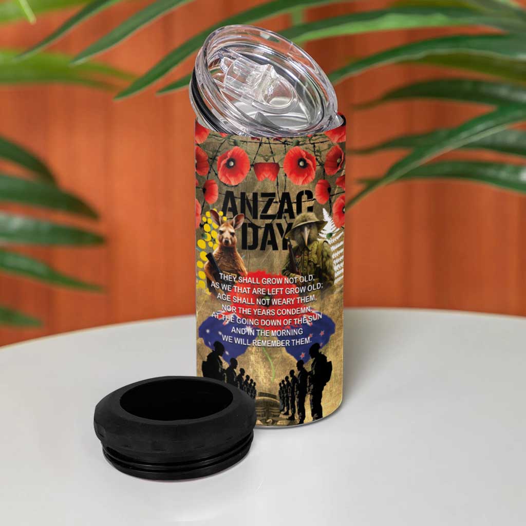 Australia and New Zealand ANZAC Day 4 in 1 Can Cooler Tumbler Kangaroo and Kiwi Bird Soldier-Honor and Remember Vintage Style