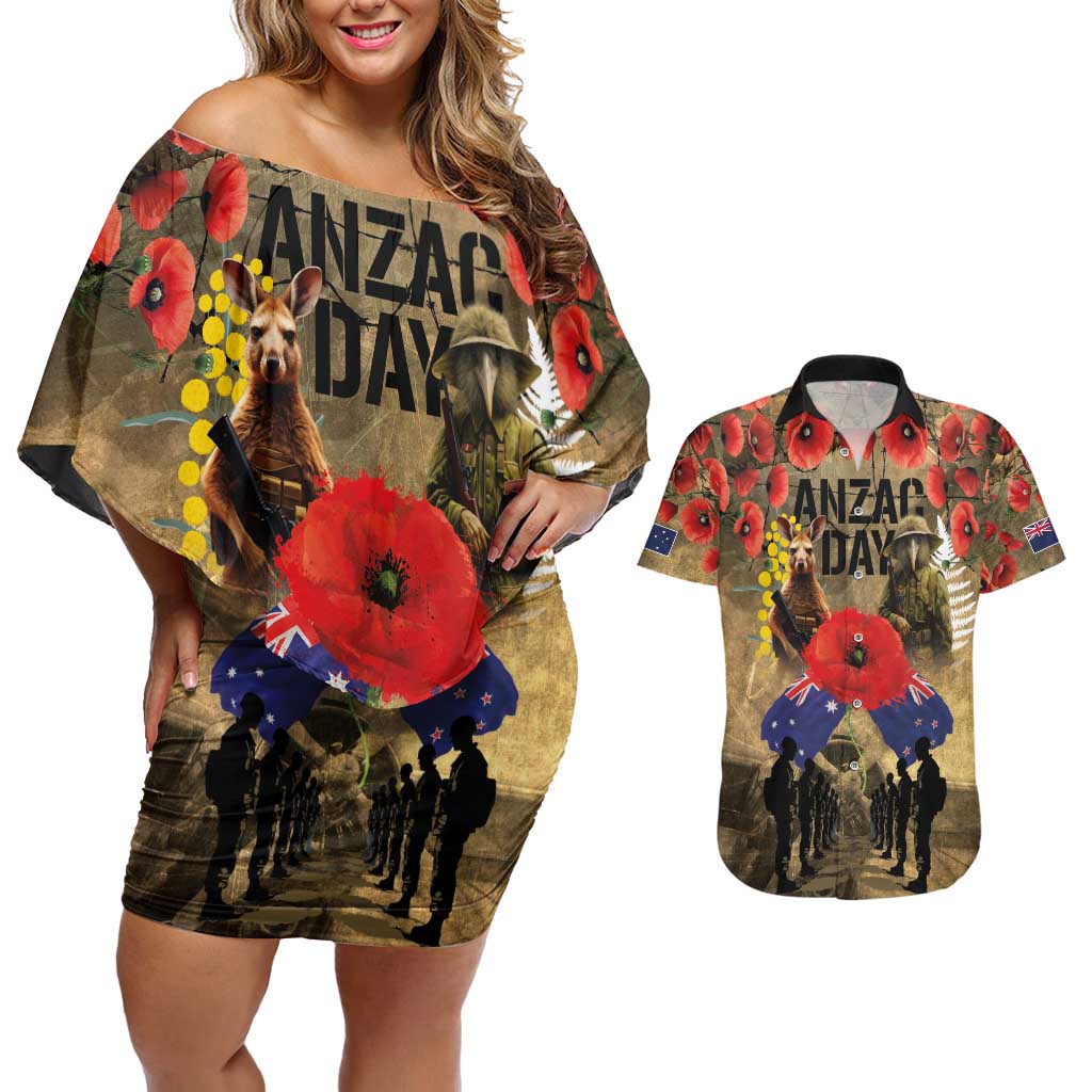 Australia and New Zealand ANZAC Day Couples Matching Off Shoulder Short Dress and Hawaiian Shirt Kangaroo and Kiwi Bird Soldier-Honor and Remember Vintage Style