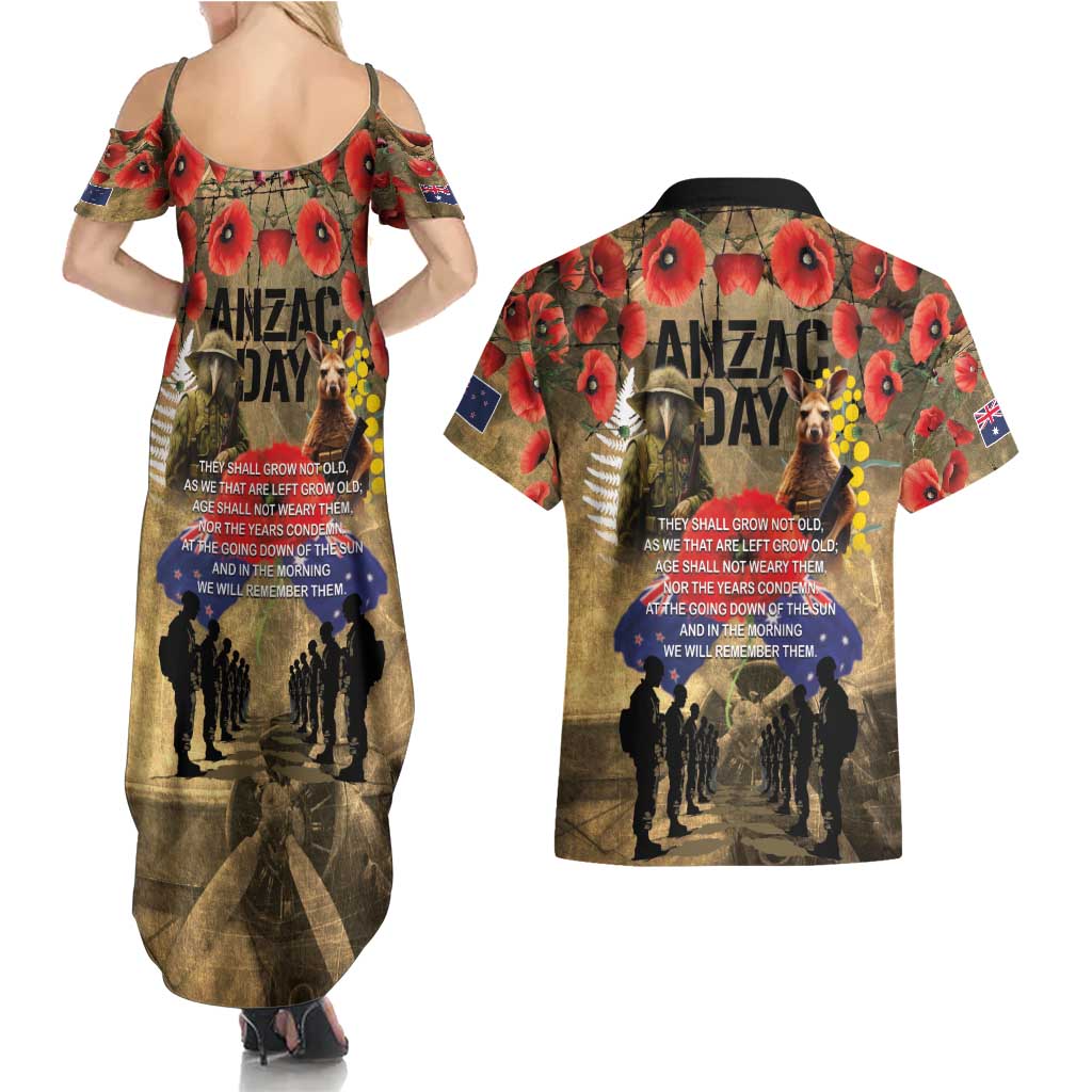 Australia and New Zealand ANZAC Day Couples Matching Summer Maxi Dress and Hawaiian Shirt Kangaroo and Kiwi Bird Soldier-Honor and Remember Vintage Style
