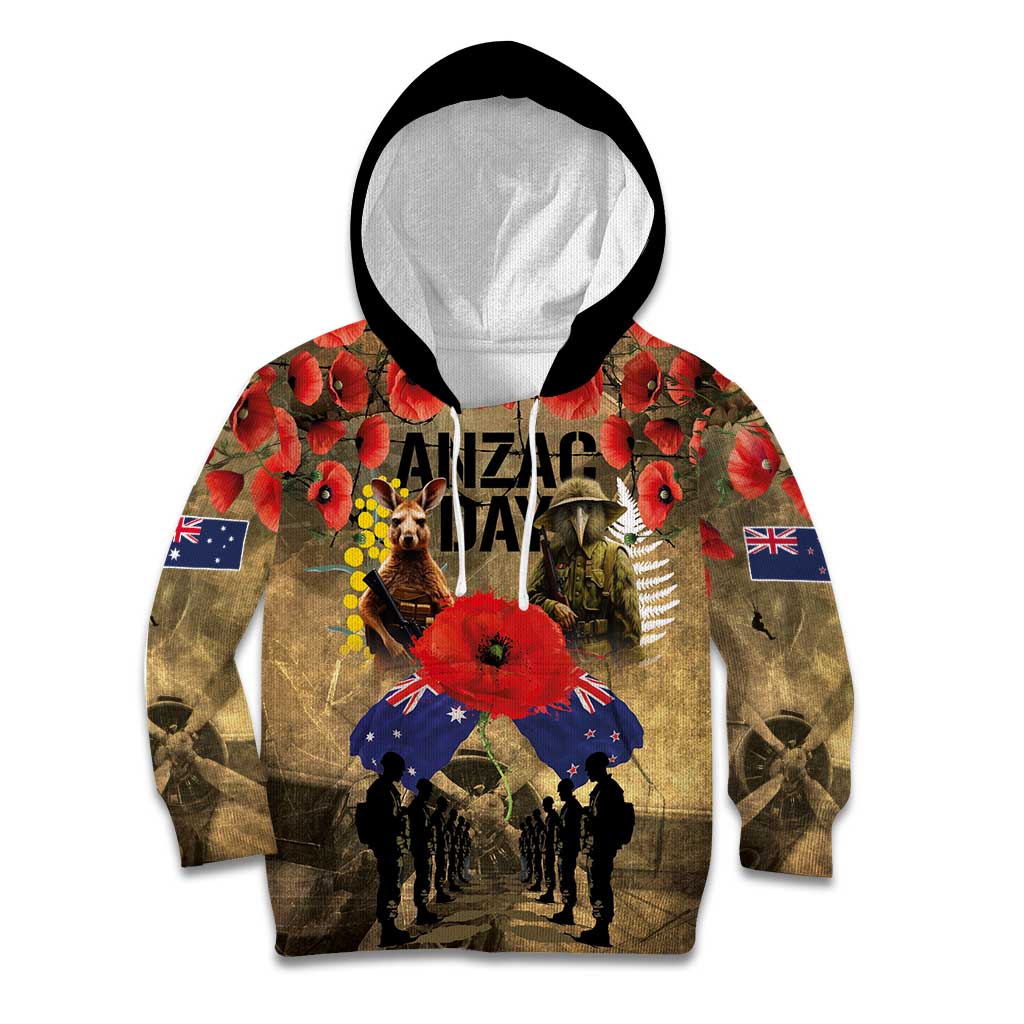 Australia and New Zealand ANZAC Day Kid Hoodie Kangaroo and Kiwi Bird Soldier-Honor and Remember Vintage Style