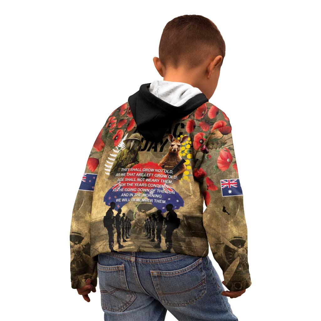 Australia and New Zealand ANZAC Day Kid Hoodie Kangaroo and Kiwi Bird Soldier-Honor and Remember Vintage Style