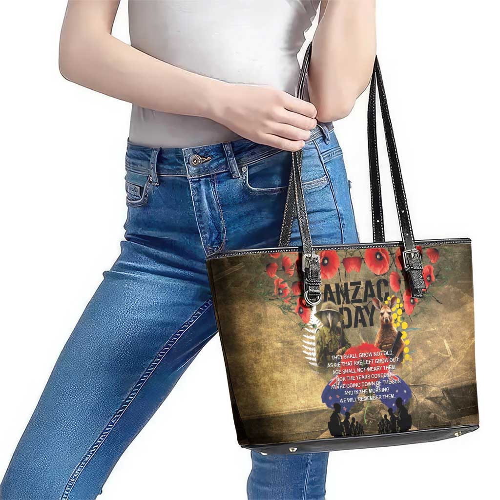 Australia and New Zealand ANZAC Day Leather Tote Bag Kangaroo and Kiwi Bird Soldier-Honor and Remember Vintage Style